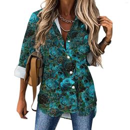 Women's Blouses Rose Floral Casual Blouse Long-Sleeve Glitter Flower Trendy Female Streetwear Oversized Shirt Graphic Top Birthday Gift