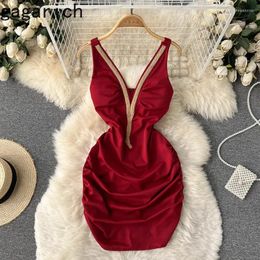 Casual Dresses Gagarich Sexy Dress Women 2024 Summer Fashion Suspender Bodycon Solid Backless V-neck Low-cut Pleated Mini Short