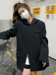 Women Black Hooded Suit Pullover Blazer Irregular Split Design Spring Autumn Korean Top Loose Femme Streetwear 240202