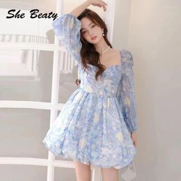 Casual Dresses Van Gogh Retro Starry Sky Floral Printed Mini Dress Vintage Square Collar Long Sleeve Sexy Hollow Out Lace Up Bow Party