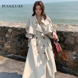 Korea Loose Oversize Double-Breasted Long Trench Coat Women White Black Duster Coat Windbreaker Lady Outerwear Spring Clothes 240202