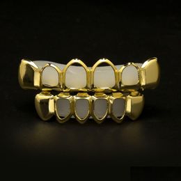 Grillz Dental Grills Grillz Dental Grills New 18K Real Gold Plated Iced Out Hiphop Hollow Teeth Top Grill Halloween Christmas Party G Dhvgf