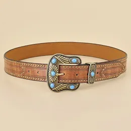 Belts Retro Western For Women Vintage Floral Engraved Leather Belt Jeans Pant Fashion PU Bohemian Cowboy