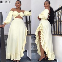 Casual Dresses HLJ&GG Fashion Off Shoulder Hollow Out Women Long Sleeve Irregular Ruffled Maxi Dress Female Solid Party Vestidos 2024