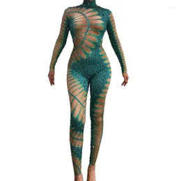 Stage Wear Sparkly Rhinestones Green Nude Jumpsuit Sexy Bar Nightclub Dance Costume Acrobatics Performance Elastic Leotard Show