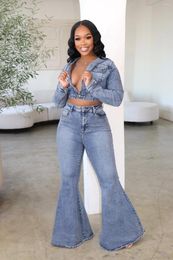 Women's Two Piece Pants 2024 Spring High-end Young Sexy Denim Sweet High Street Full Sleeve Waist Long Flare Skinny Women 2 Set