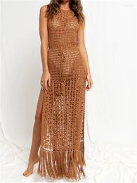 Women's Swimwear Women Hollow Out Knitted Bikini Cover Ups Sleeveless See Through Tassel Long Dress Summer Bohemian Y2K Sexy Beach Dresses