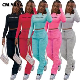 Women's Two Piece Pants CM.YAYA Activewear Women Set Lucky Label Crop Top Stacked Bellbottom Matching Tracksuit Fitness 2 Outfit