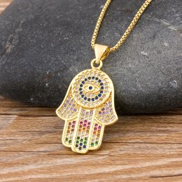 Hamsa Evil Eye Necklaces For Women Collares Colorful Palm Fatima 14k Yellow Gold Necklace Best Party Birthday Jewelry Gift