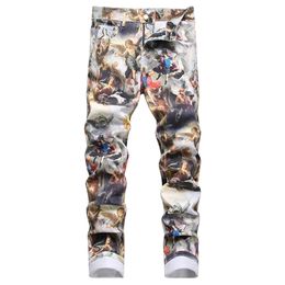 Men Classical Painting Print Jeans Fashion Angel Immortal Stretch Pants Slim Tapered Denim Trousers 240124