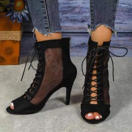 Sandals Hollow Mesh Heels Women's Shoes Summer 2024 Trend Black Lace-Up Sexy Peep Toe Boots Stilettos Jazz Dance Female