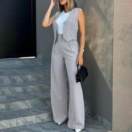 Active Sets Female Chic Set Solid V-Neck Sleeveless Single-Breasted Waistcoat High Waist Elastic Pockets Drawstring Long Pant