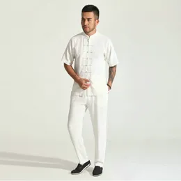 Men's Tracksuits Oriental Zen Style Men Short Sleeve Shirt And Pant 2 Pieces Suit Set White Black Grey Linen Twinset Kungfu Look Relax