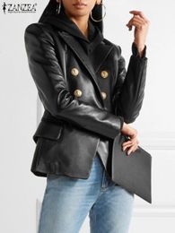 ZANZEA Women PU Leather Jacket Autumn Buttons Thin Blazer Vintage Long Sleeve Coat Fashion Lapel Collar Office Outerwear 240202