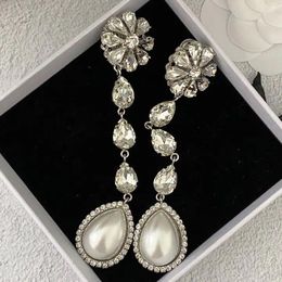 Dangle Earrings Luxury Jewellery Crystal Pearl Flower Long Ear Clip Women High Quality Famous Designer Brands Gift Party Trend