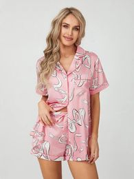 Women's Sleepwear Women S Satin Pyjamas Set Cartoon Bow Print Short Sleeve Notched Lapel Tops With Elastic Waist Shorts Loungewear Two