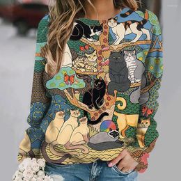 Women's T Shirts Anime Cat Pattern Shirt For Women Autumn Round Neck Pullover Casual Long Sleeve Tops Female Oversized Daily Ladies Clothing