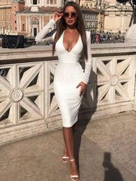 Casual Dresses BEAUKEY 2024 Sexy Long Sleeves HL Bandage Dress Bodycon White Black Mesh Patchwork V Neck Knee Length Party Vestidos