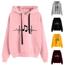 Women's Hoodies Ladies Round Neck Long Sleeve Musical Note Print Solid Colour Hooded Sweatshirt Fashion Loose Top
