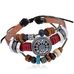 Charm Bracelets Hollow Flower Leather Bracelet Adjustable Mti Layered Bead Women Mens Fashiono Jewellery Will And Sandy Drop Delivery Dhoms