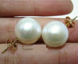 Stud Earrings Huge 11-12mm South China Sea White Pearl In 14K Gold-