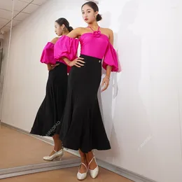 Stage Wear Models Ballroom Dance Performance Costume Women Sexy Rose Pink Tops Black Skirt Waltz Clothes Dress