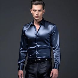 Mens Satin Silk Dress Shirt Long Sleeve Slim Business Formal Casual Tops Classic 240126