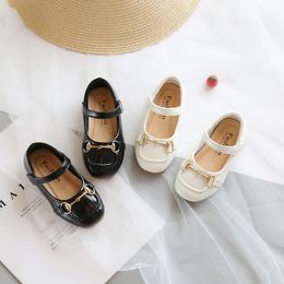 Girl's Mary Janes Metal Chain Black Beige Elegant Autumn Children Leather Shoes Flat Cover Toe Stylish 21-30 Kids Single Shoes 240118