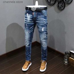 Men's Jeans Fashion Designer Men Jeans Retro Blue Stretch Slim Fit Painted Ripped Jeans Men Korean Style Vintage Casual Denim Pants Hombre T240205