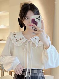 Women's Blouses Hmsevenjz Korean Fashion Embroidery Polo Shirt 2024 Autumn Doll Neck Design Sense Corduroy Top Unique Female Clothing