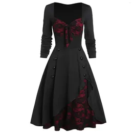 Casual Dresses Gothic Vintage Women Party Dress Flower Lace Insert Mock Button Bowknot Medieval Europe Elegant Streetwear Large Size