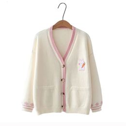 Cartoon Embroidery Rabbit Women's Sweater Cardigan Y2K Tops Autumn Loose Knitwear Jackets Female Casual Knitted Cardigan 240123