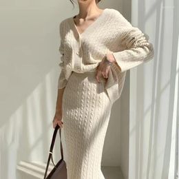 Work Dresses Korean 2024 Autumn And Winter Temperament Women Sweater Two Piece Suit Fashion Pattern Knitted Cardigan Skirt Set