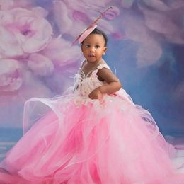 Light Pink Kids Birthday Dresses Flower Girl Dresses Sheer Neck Tiered Tulle Ball Gowns for little Girls for Wedding Feathered Beaded Bridal Gowns NF101