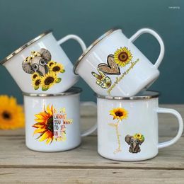 Mugs Peace Love Sunflower Elephant Print Creative Coffee Tea Cup Drinks Water Milk Enamel Mug Vintage Handle Drinkware Gifts