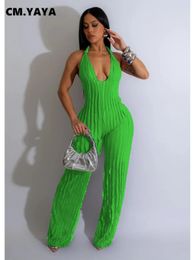 CM.YAYA Fashion Ruffles Women Halter Deep V-neck Backless Wide Leg Jumpsuit Sleeveless Chic Playsuit Suit Romper 240202