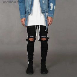 Men's Jeans Stylish Hip Hop Knee Embroidery Ripped Men Skinny Jeans Trousers High street Male Holes Pencil Denim Pants For Men T240205