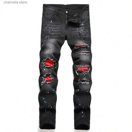 Men's Jeans Men y2k Stretchy Skinny Denim Jeans For Men Casual pants Ripped Patchwork Hole Slim Fit Denim Hip Hop Black Straight Trousers T240205