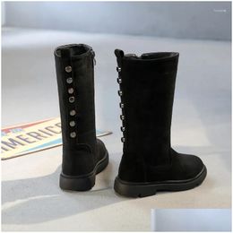 Boots Fashion Rivet Childrens Winter Shoes Little Big Girl 2024 Princess Long Warm Snow Suede Leather High 3 4 8 12 Years Old Drop Del Otb8Q