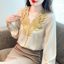 Women's Blouses Autumn 2024 Silk Satin OL Blouse Vintage Embroidered Tops V-Neck Patchwork Hollow Out Women Shirt