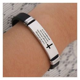 Identification Mens Stainless Steel Tag Bible Cross Bracelets Black Sile Women Men Wristband Bangle Cuff Fashion Jewellery Will And Sa Dhhhs