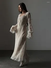 Casual Dresses Hollow Lace Embroidery Loose Women's 2024 Spring Summer Flare Long Sleeve Dress Ladies O Neck Off Shoulder Robe