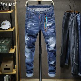 Men's Jeans EHMD Mens Ripped Jeans Leather Brand Pendant Decorated Pants Inkjet White Dot Painted Letters Slim Cotton Red Ears Soft 2021 T240205