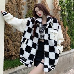 Women's Jackets Faux Mink Patchwork Jacket Women Streetwear Varsity Bomber Korean Zipper Baseball Jersey Loose Coat Hip-hop Outerwear