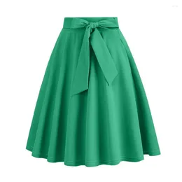 Skirts Women Skirt Belted Tight Waist Bow Decor A-line Big Swing High Ruffle Midi Summer Party
