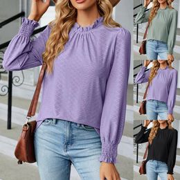 Women's T Shirts Fashion Solid Colour Blouse Loose Casual Long Lantern Sleeve Top Elegant Lace Crew Neck Pleated Office Lady Tee