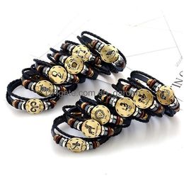 Charm Bracelets 12 Constell Leather Bracelet Bronze Coin Horscope Sign Mtilayer Wrap Wommen Mens Bangle Cuff Will And Sandy Fashion Dhiq0