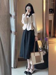 Two Piece Dress UNXX French Vintage Midi Skirt Suits Women Elegant Slim Pleated Gothic Korean Fashion Double Breasted Blouse 2 Pieces Sets