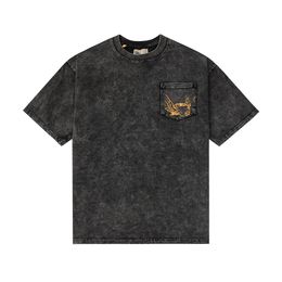Designer Men's T-shirt Old washed black Chest pocket Retro Streetwear Summer Cotton Casual Loose Short Sleeve Tops