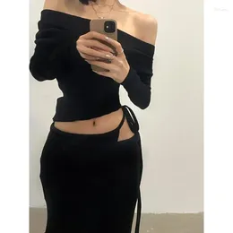 Women's T Shirts 2024 Spring Off-shoulder Pleated Asymmetric Black Long-sleeved T-shirt Women Lace-up Split A-line Skirt Two-piece Suit